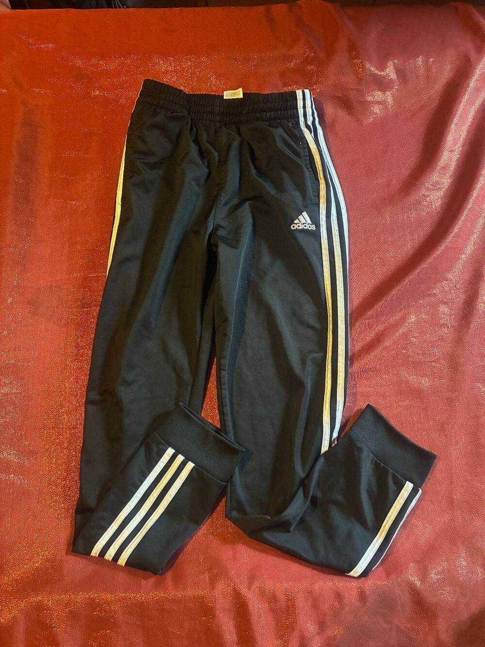 Adidas Track Pants Kids 14/16 Black 3-Stripe Elastic Waist Zip Ankle Cuffed